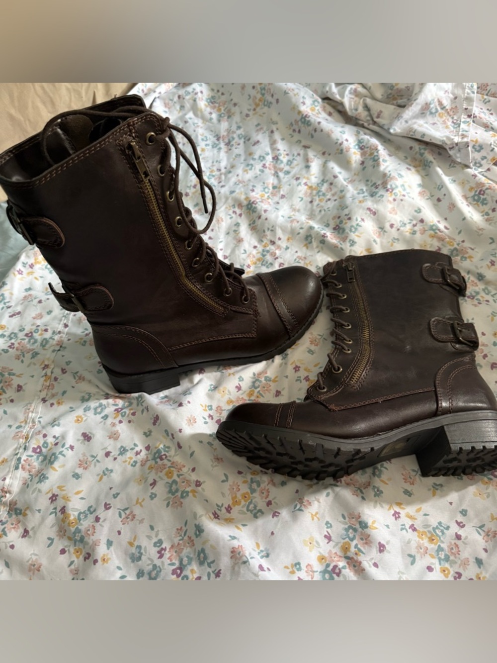 Women's Dark Brown Lace-Up Combat Boots with Side Zipper